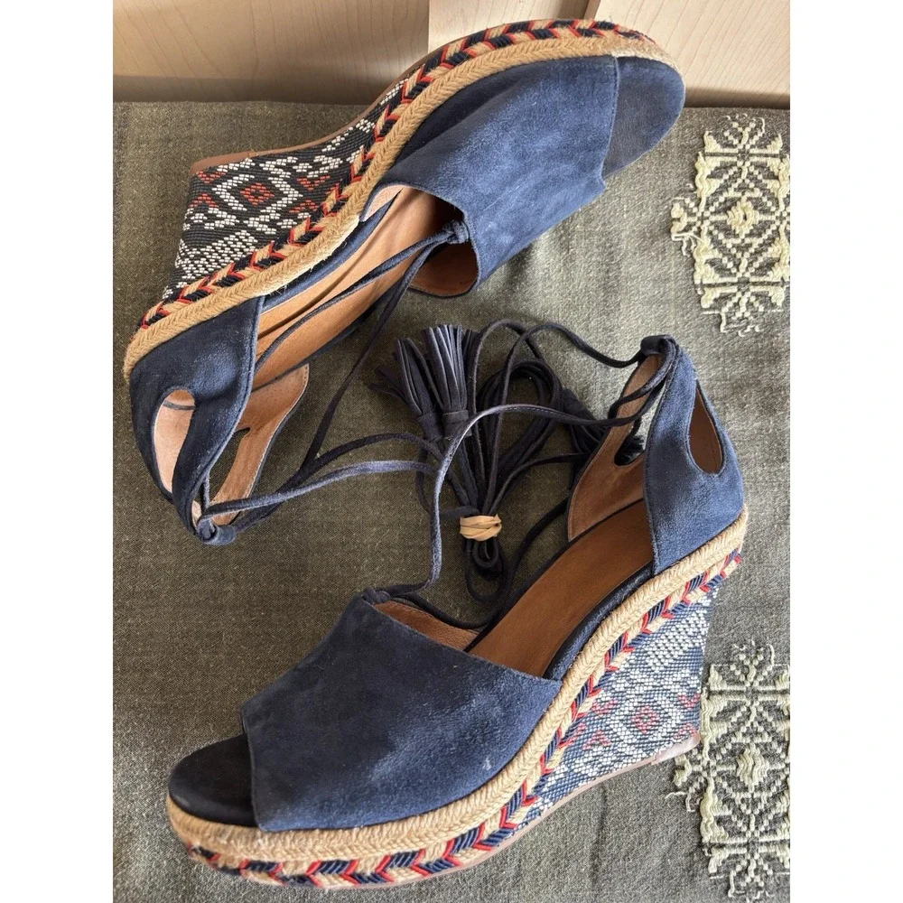 Cabi Isla Blue Suede Aztec Espadrille Wedge Heel Tie Up Womens Sz‎ 7M #6001